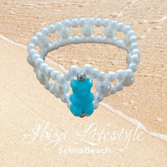 Ibiza Boho Beaded Bracelet White with Turquoise Bear - Handmade