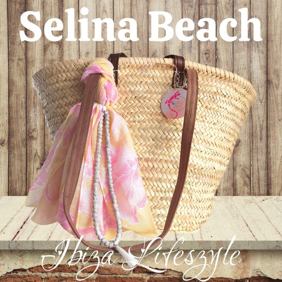 Ibiza basket beach bag XXL natural with pastel scarf and boho necklace, handmade