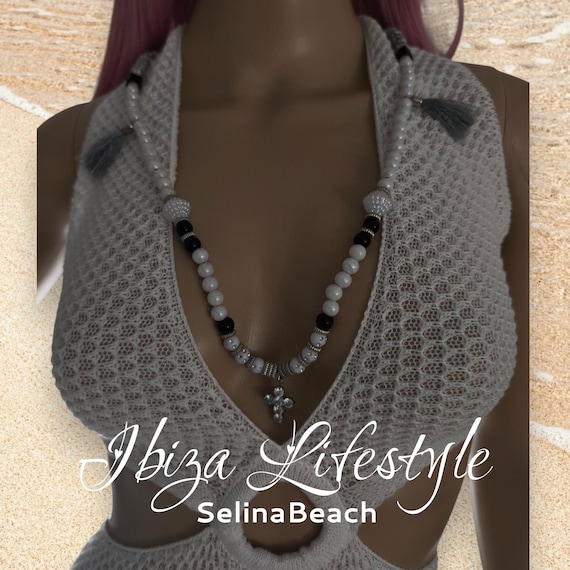 Ibiza Boho Beaded Necklace in Black & White with Cross Pendant by Swarovski, Handmade