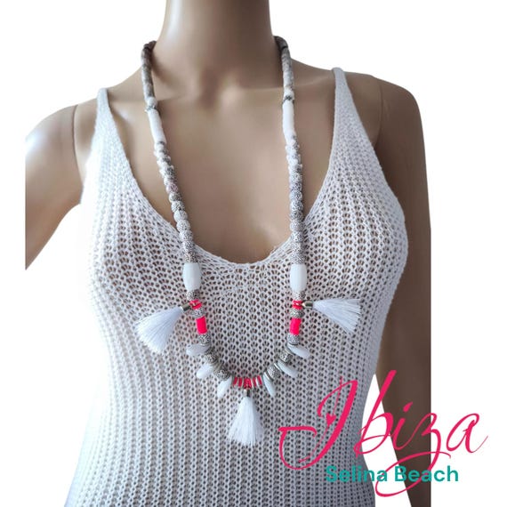 Ibiza Necklace Boho Hippie Festival XL Beaded Tassel Handmade White Pink