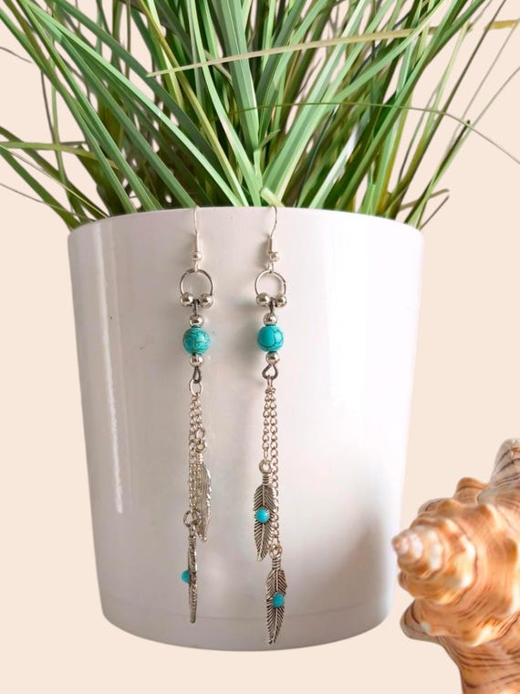 Boho earrings turquoise/silver with feathers, handmade