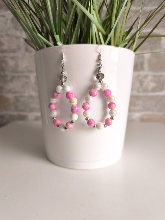Ibiza Boho Pearl Earrings Pink/White Handmade New