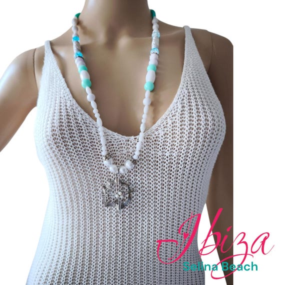 Boho Ibiza Necklace Hippie Festival XL Pearl Silver Pendant
