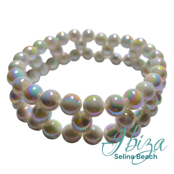 Ibiza Pearl Bracelet Boho Wide White/Iridescent Handmade