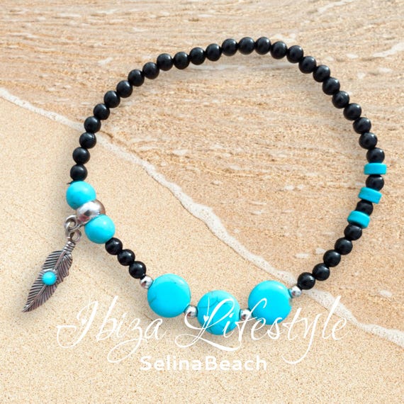 Boho Beaded Anklet Black/Turquoise with Feather Handmade
