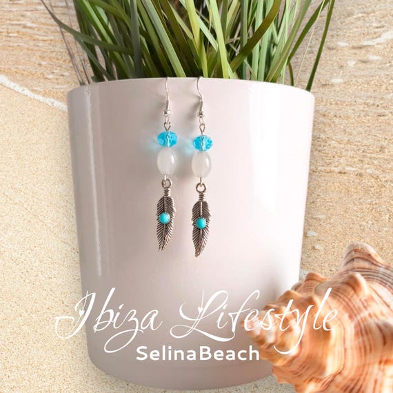 Boho Earrings Silver Turquoise Feather Handmade New