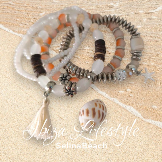 Boho Bracelet Set of 5 Ibiza Style White/Peach Hand Made