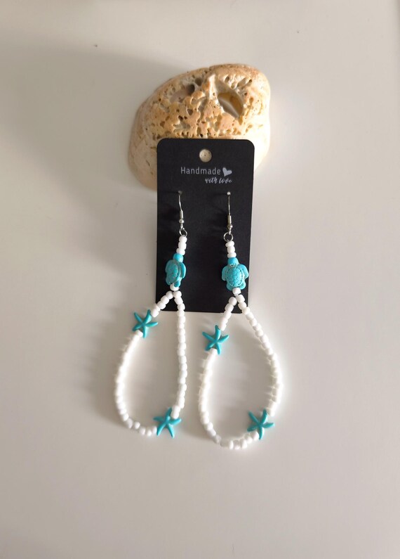 Boho earrings in Ibiza style, white/turquoise, handmade, new