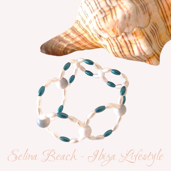 Boho Perlen Armband Breit Jeans Blue/White Hand Made