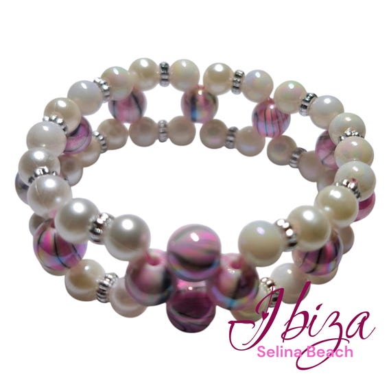 Boho Beaded Bracelet Wide White Glass/Pink Handmade