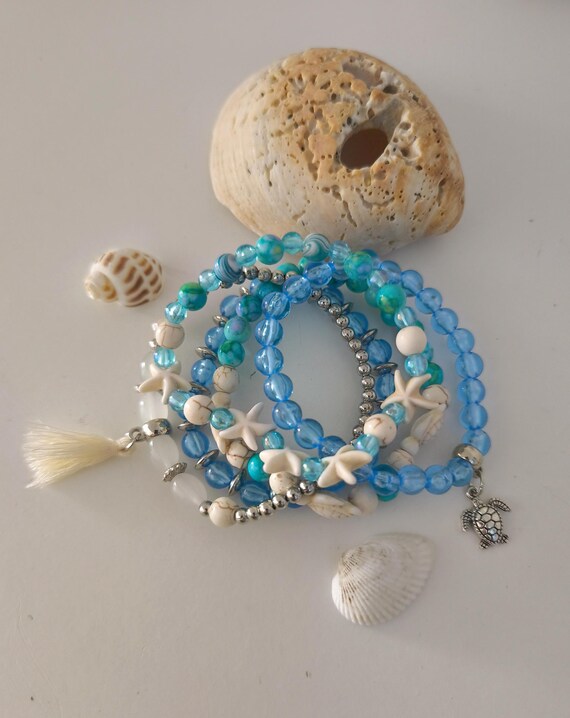 Boho Bracelet Set of 5 Ibiza Style Turquoise/Blue Hand Made