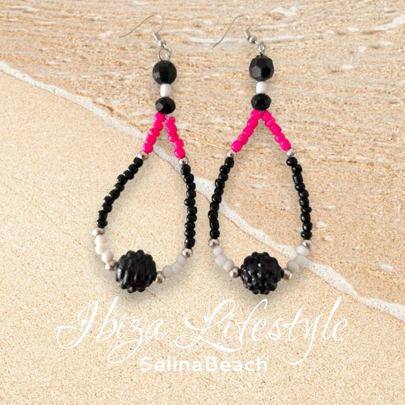 Ibiza Boho Earrings Black/White/Pink Hand Made New
