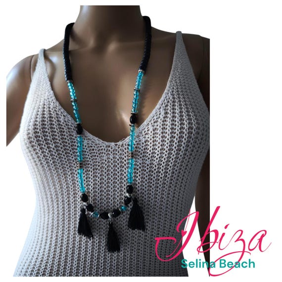 Boho Ibiza Necklace Hippie Festival XXL Beads Tassels Black Turquoise