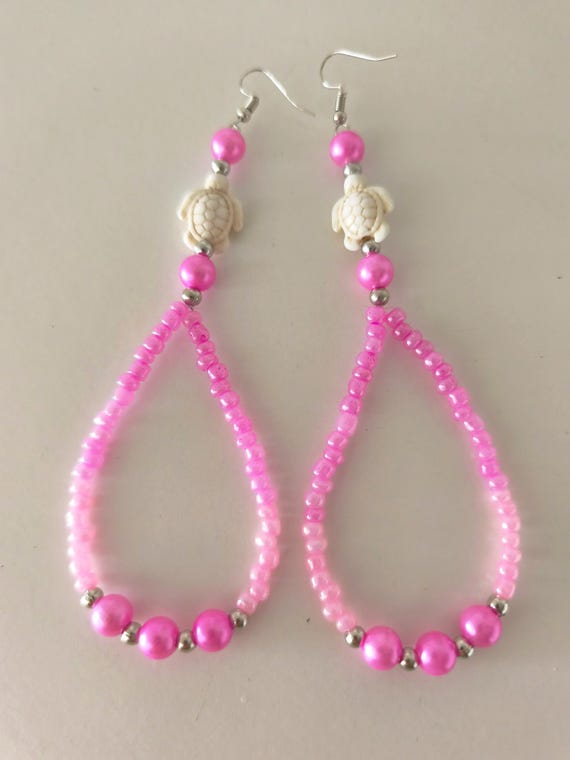 IBIZA Boho Earrings XXL Pink with Turtle Handmade New