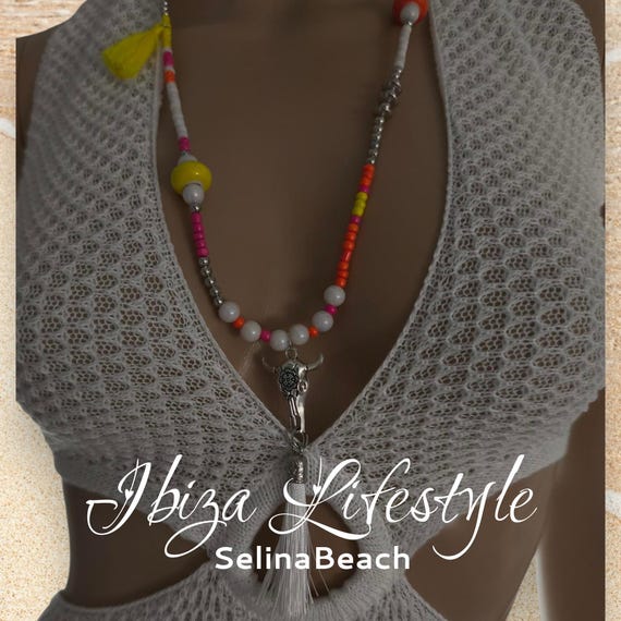 Ibiza Necklace XL Boho Hippie Festival White/Neon Hand Made