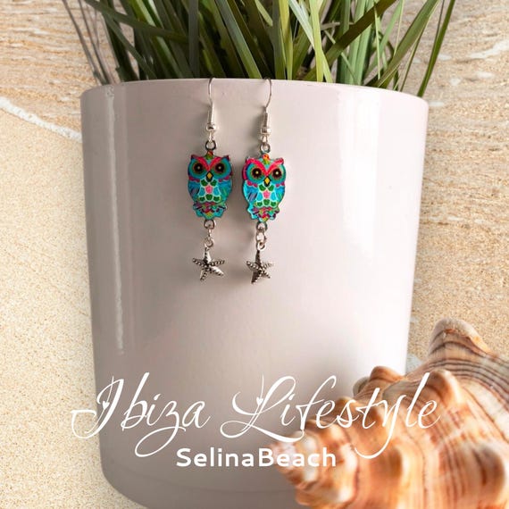 Boho earrings with owl and starfish in blue, handmade, new