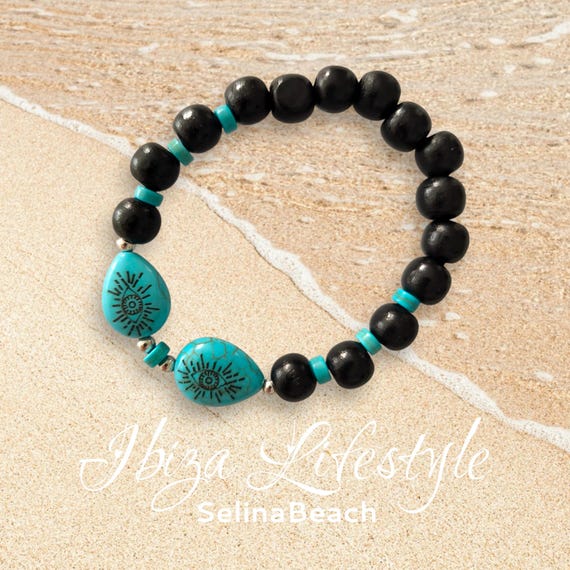 Boho Beaded Bracelet Black/Turquoise Eyes Handmade