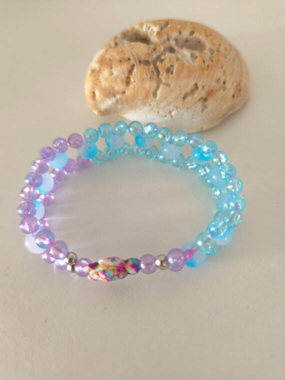 Ibiza Boho Beaded Bracelet Wide Turquoise Lilac Handmade