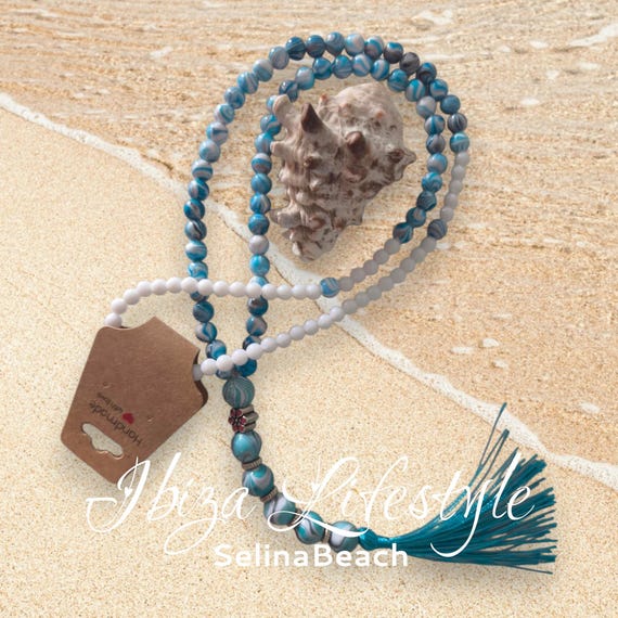 IBIZA Boho Necklace XXL Turquoise with Pom-pom Hippie Festival Beach
