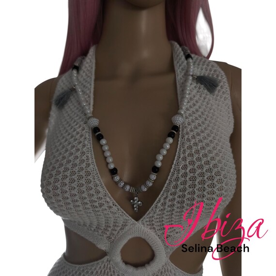Ibiza Boho Beaded Necklace in Black & White with Cross Pendant by Swarovski, Handmade