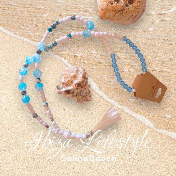 IBIZA Boho Necklace XXL White Turquoise with Pom-pom Handmade