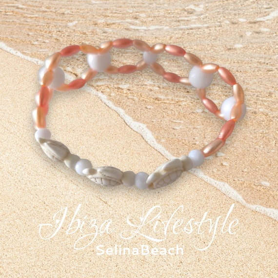 Boho Beaded Bracelet Apricot/White Wide Handmade