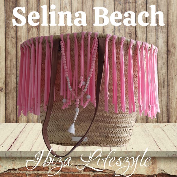 Ibiza Basket Beach Bag XXL Boho with Pink Fringe Handmade