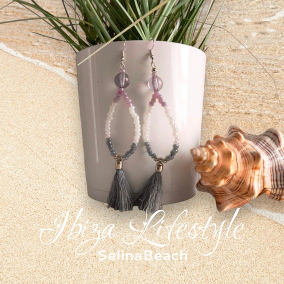 Boho earrings in Ibiza style, white/grey/sand, handmade, new