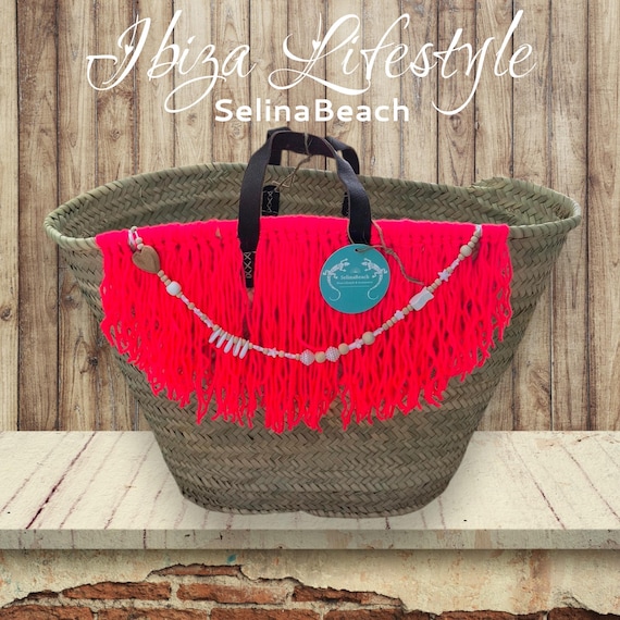 Ibiza Basket Beach Bag "Marbella" XXL Neon Pink Handmade New