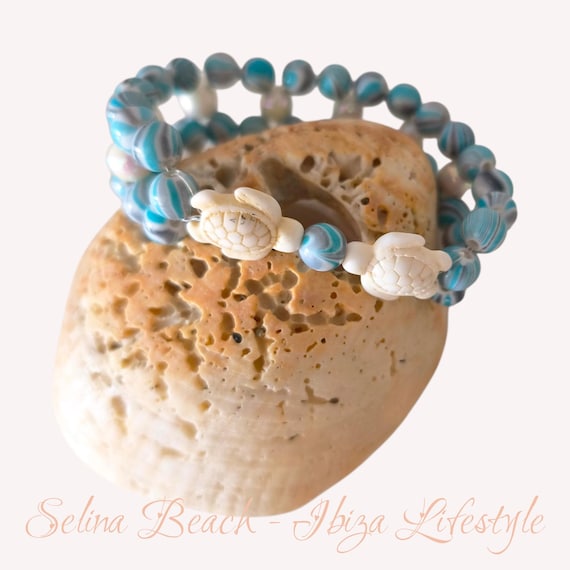 Ibiza Perlen Armband Breit Boho Blue/Grey Marmoriert mit Schildkröten Hand Made