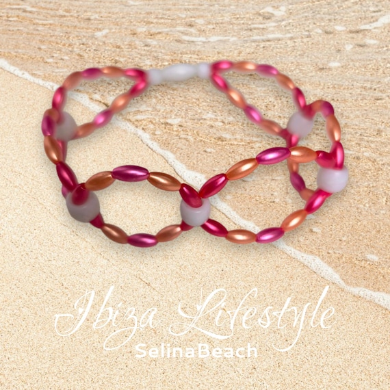 Boho Beaded Bracelet Pink/Apricot Wide Handmade