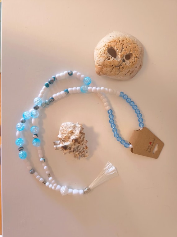 IBIZA Boho Necklace XXL White Turquoise with Pom-pom Handmade