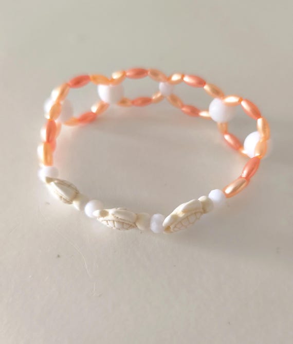 Boho Beaded Bracelet Apricot/White Wide Handmade