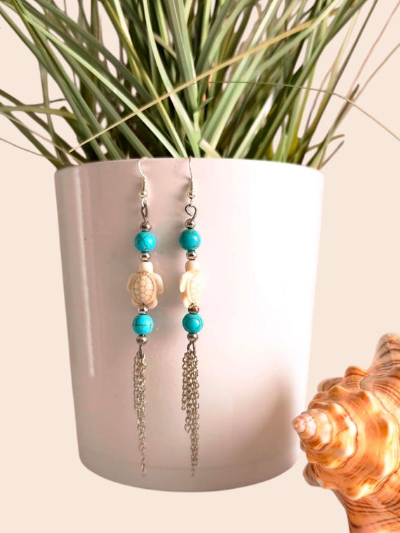 Boho earrings turquoise/silver with turtle, natural design, handmade