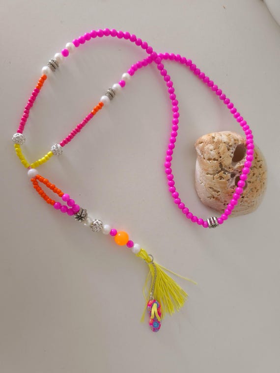 Ibiza Necklace XXL FLIP FLOP Design Boho Hippie Festival White/Neon Hand Made