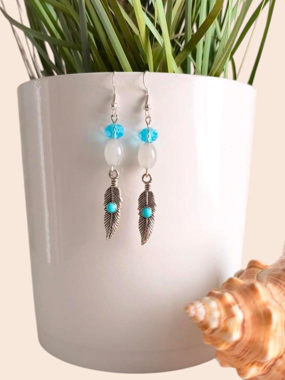 Boho Earrings Silver Turquoise Feather Handmade New