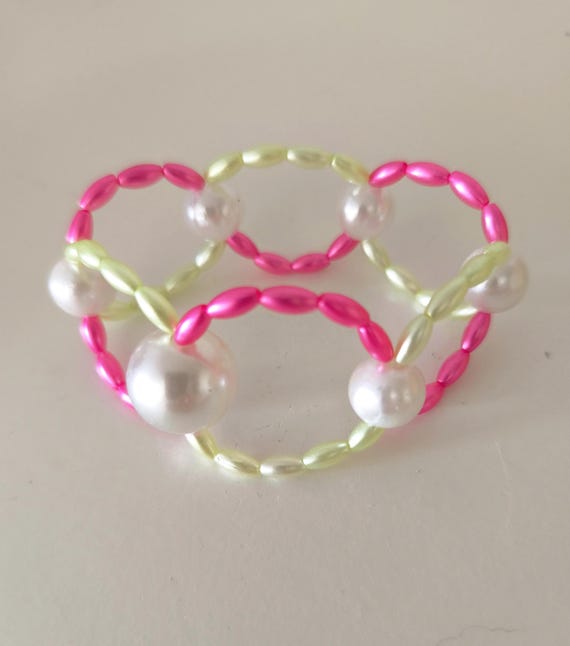 Boho Beaded Bracelet Pink/Lemon Wide Handmade