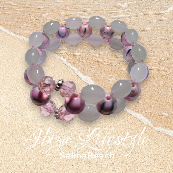 Boho Beaded Bracelet Wide Pink Marbled & White Handmade