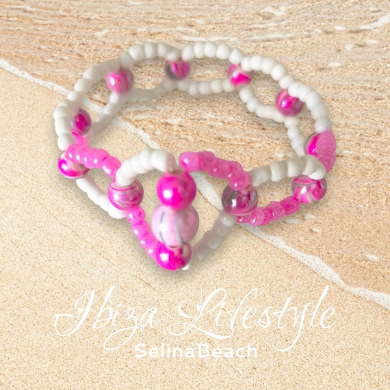 Boho Beaded Bracelet Pink/White Hand Made