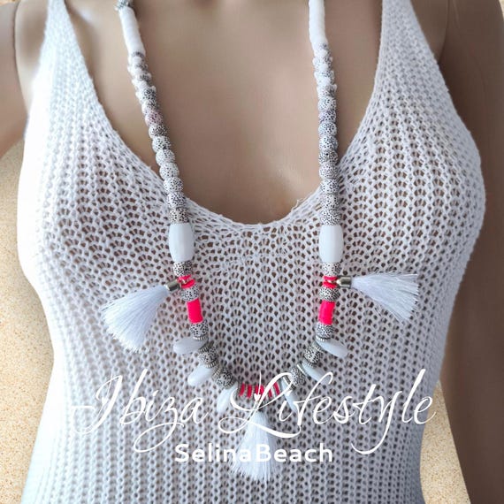 Ibiza Necklace Boho Hippie Festival XL Beaded Tassel Handmade White Pink