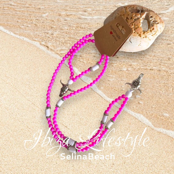 Boho necklace with bracelet, Ibiza style, pink with bull's head, handmade
