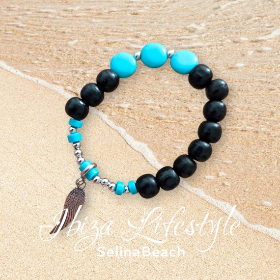 Boho Beaded Bracelet Black/Turquoise Wing Hand Made