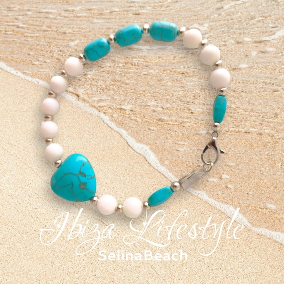 Ibiza Boho Beaded Bracelet White/Turquoise Summer Love Handmade
