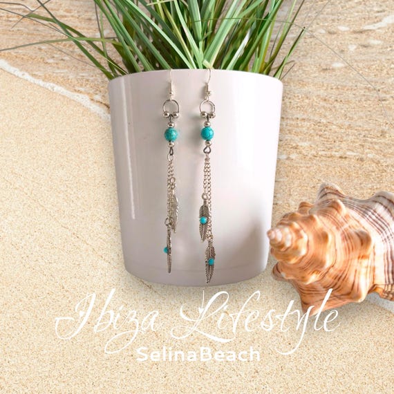 Boho earrings turquoise/silver with feathers, handmade