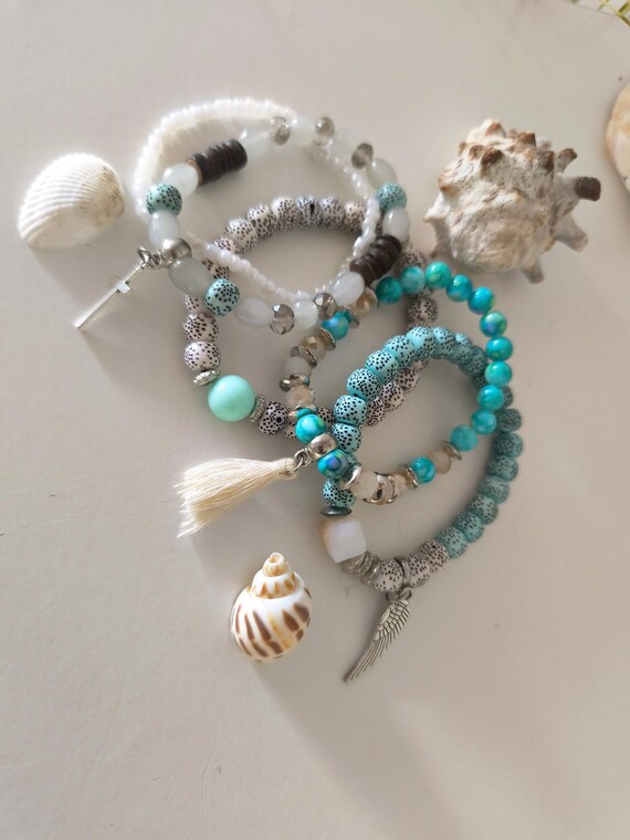 Boho Bracelet 5-Piece Set Ibiza Style Turquoise/Blue/White Handmade
