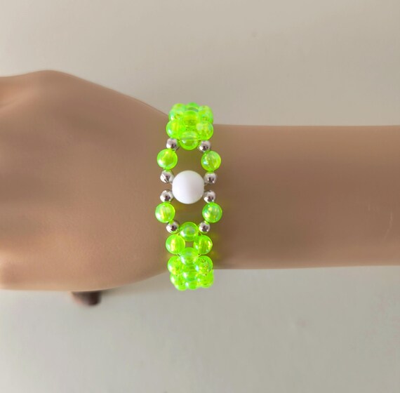 Boho Beaded Bracelet Neon Green White Silver Handmade