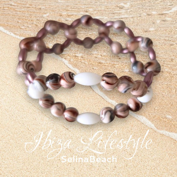 Boho Beaded Bracelet Wide Brown/White Handmade