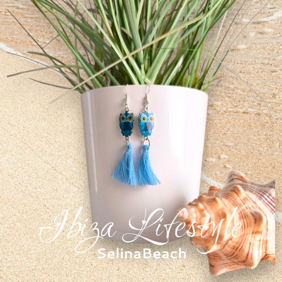 Boho earrings with owl and tassel in azure blue, handmade, new