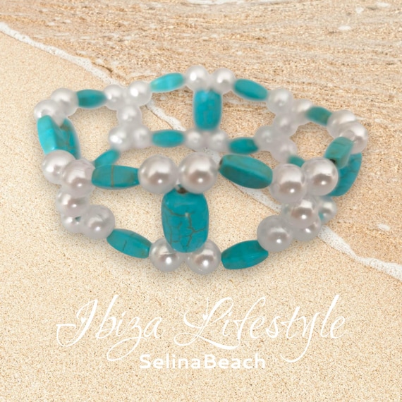 IBIZA Boho Beaded Bracelet Wide Turquoise/White Handmade