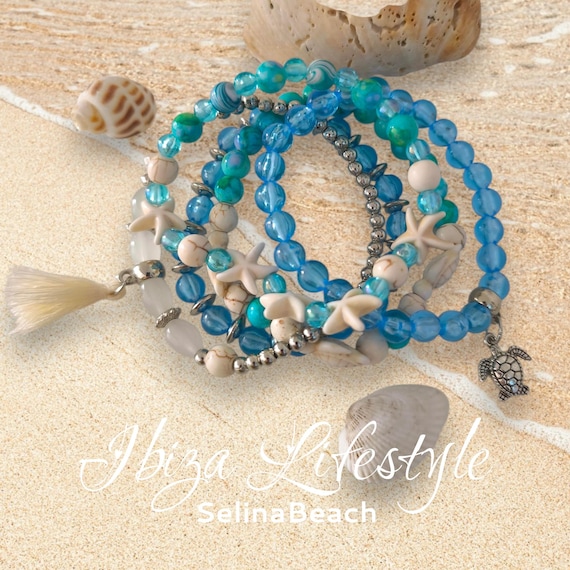 Boho Bracelet Set of 5 Ibiza Style Turquoise/Blue Hand Made